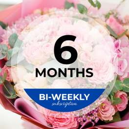 Pink rose bouquet with a 6 months bi-weekly subscription badge