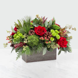 Red roses and green holiday flowers in a rectangular wooden box