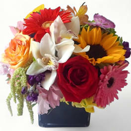 Bright mixed arrangement with roses, orchids, sunflowers, and gerberas in a dark cube vase