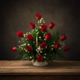Red roses arranged in a white basket with small white filler flowers