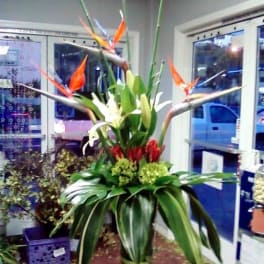 Tall tropical arrangement with bird of paradise and lilies in a glass vase