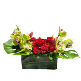 Red roses and green orchids in a rectangular glass vase