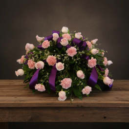 Casket Cover in Pinks With Purple Ribbon