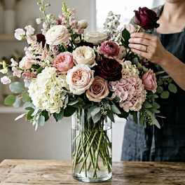 Tall glass vase of blush and burgundy roses with white hydrangeas and mixed pastel blooms on a wooden table