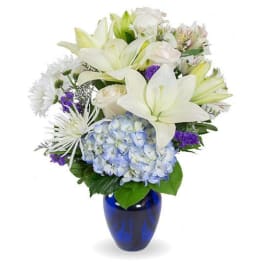White lilies and blue hydrangea in a blue vase