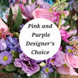 Pink and purple bouquet with roses and daisy-like flowers