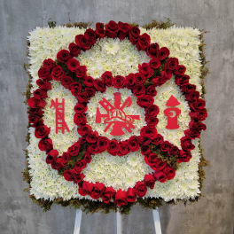 Square floral standing spray with red roses and white chrysanthemums