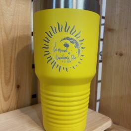 Yellow insulated tumbler with a sun graphic and printed text