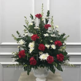Red carnations and white daisies arranged in a white vase