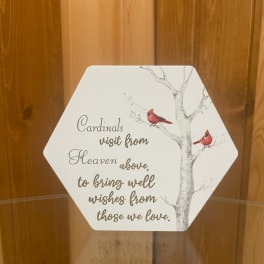 Hexagonal sympathy plaque with cardinals and a memorial message