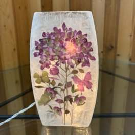 Decorative glass lamp with purple floral and butterfly design