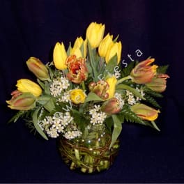 Local tulip mix in willow bowl with fringe or double tulips included