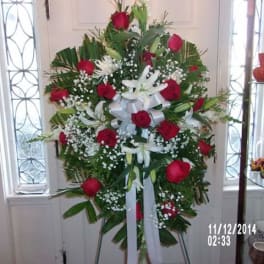 Standing floral spray with red roses and white lilies