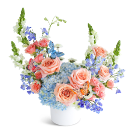 Peach roses and blue hydrangeas in a white vase with butterfly picks