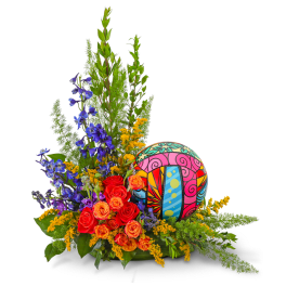 Colorful floral arrangement with roses, blue flowers, and a decorative patterned sphere