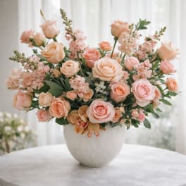 Peach and blush rose arrangement in a white vase