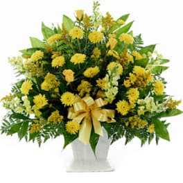 Yellow floral arrangement in a white vase with a gold ribbon