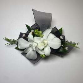 White orchid corsage with black ribbon and greenery