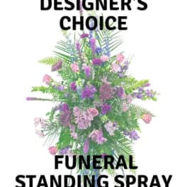 Standing funeral spray with pink and purple flowers