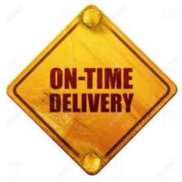 Yellow diamond-shaped sign reading "ON-TIME DELIVERY"