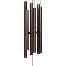 Brown metal wind chime with hanging tubes and a round clapper