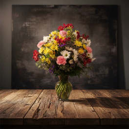 Mixed bouquet of daisies, carnations, and alstroemeria in a glass vase