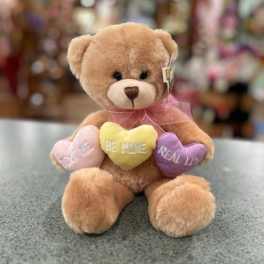 Plush teddy bear holding three heart pillows with Valentine messages