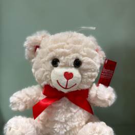Cream plush teddy bear with a red bow and heart nose