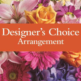 Designer’s Choice Arrangement text over a collage of colorful flowers