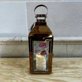 Decorative lantern with a memorial quote and pink floral artwork