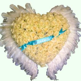 Heart-shaped bouquet of cream roses with white feather trim and a blue ribbon