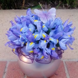 Purple iris bouquet in a round vase with a sheer ribbon and butterfly decoration