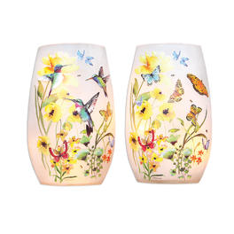 Pair of frosted glass candle holders with butterfly and flower designs