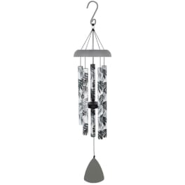 Hanging metal wind chime with leaf-patterned tubes