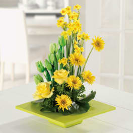 Angular arrangement of yellow roses, tulips, daffodils and daisies in a flat square green vase