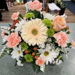 Low pastel arrangement with peach carnations and rose, white daisies, green mums, and a large cream gerbera daisy.
