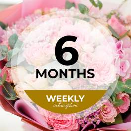 Pink rose bouquet with a weekly subscription label