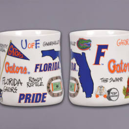 Two white mugs with Florida Gators logos and text