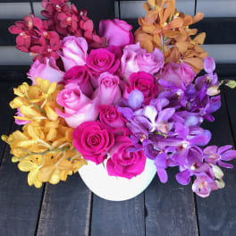 Colorful bouquet of roses and orchids in a white vase