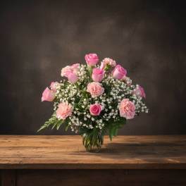 Pink roses and carnations arranged in a glass vase
