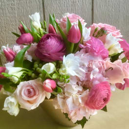 Pink and white mixed bouquet with roses, tulips, and hydrangea