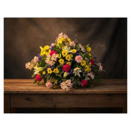 Mixed bouquet of yellow, pink, white, and purple flowers on a wooden table