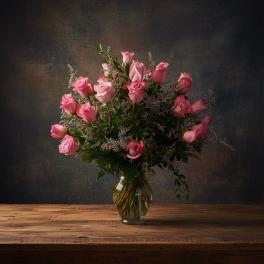 Pink roses arranged in a clear glass vase