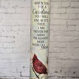 Tall memorial candle with a cardinal and floral print