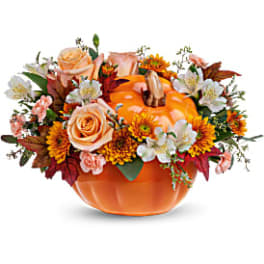 Pumpkin-shaped container with orange and white flowers