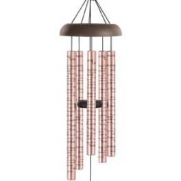 Hanging metal wind chime with pink tubes and a brown bell-shaped pendant