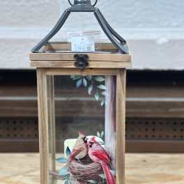 Wooden lantern with a cardinal bird illustration inside