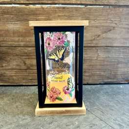 Decorative memorial lantern with butterflies and flowers
