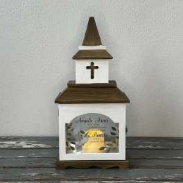 Wooden memorial lantern with a cross and angel design