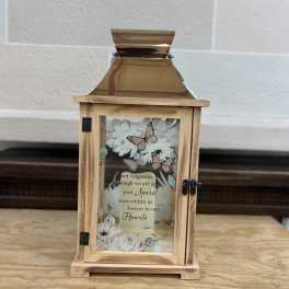 Wooden memorial lantern with floral print and butterflies